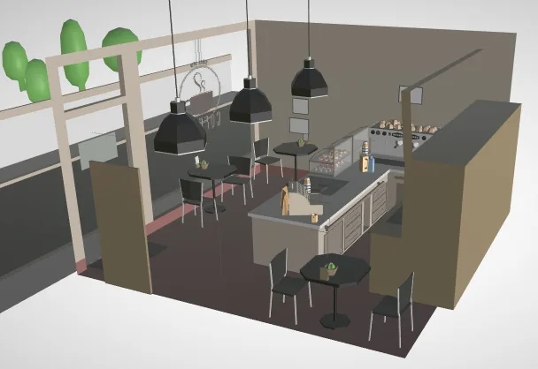 The low-poly café scene from Barista Express shown in a 3D editor, with tables, chairs, pendant lamps and an espresso bar
