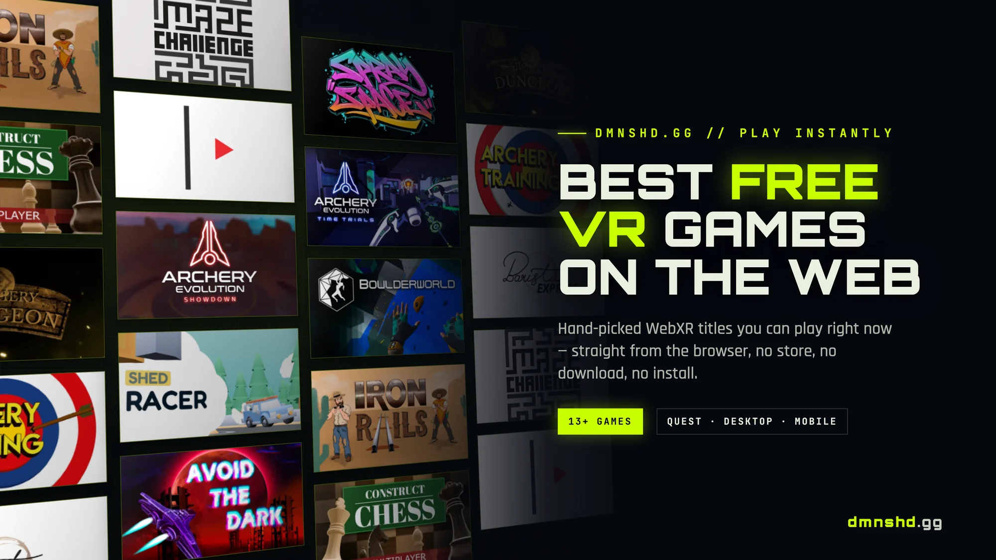 A 3D-angled grid of dmnshd.gg game thumbnails beside the title "Best Free VR Games on the Web"