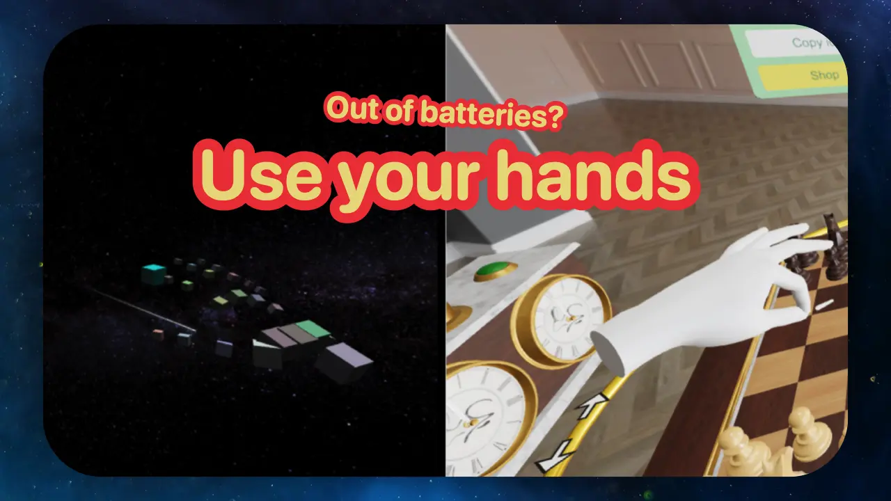 Out of batteries? Use your hands. A tracked virtual hand reaching for chess pieces in a WebXR game, shown next to a controller-free arcade scene