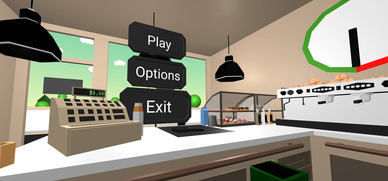 The in-game main menu of Barista Express, a low-poly WebXR café game, shown in VR