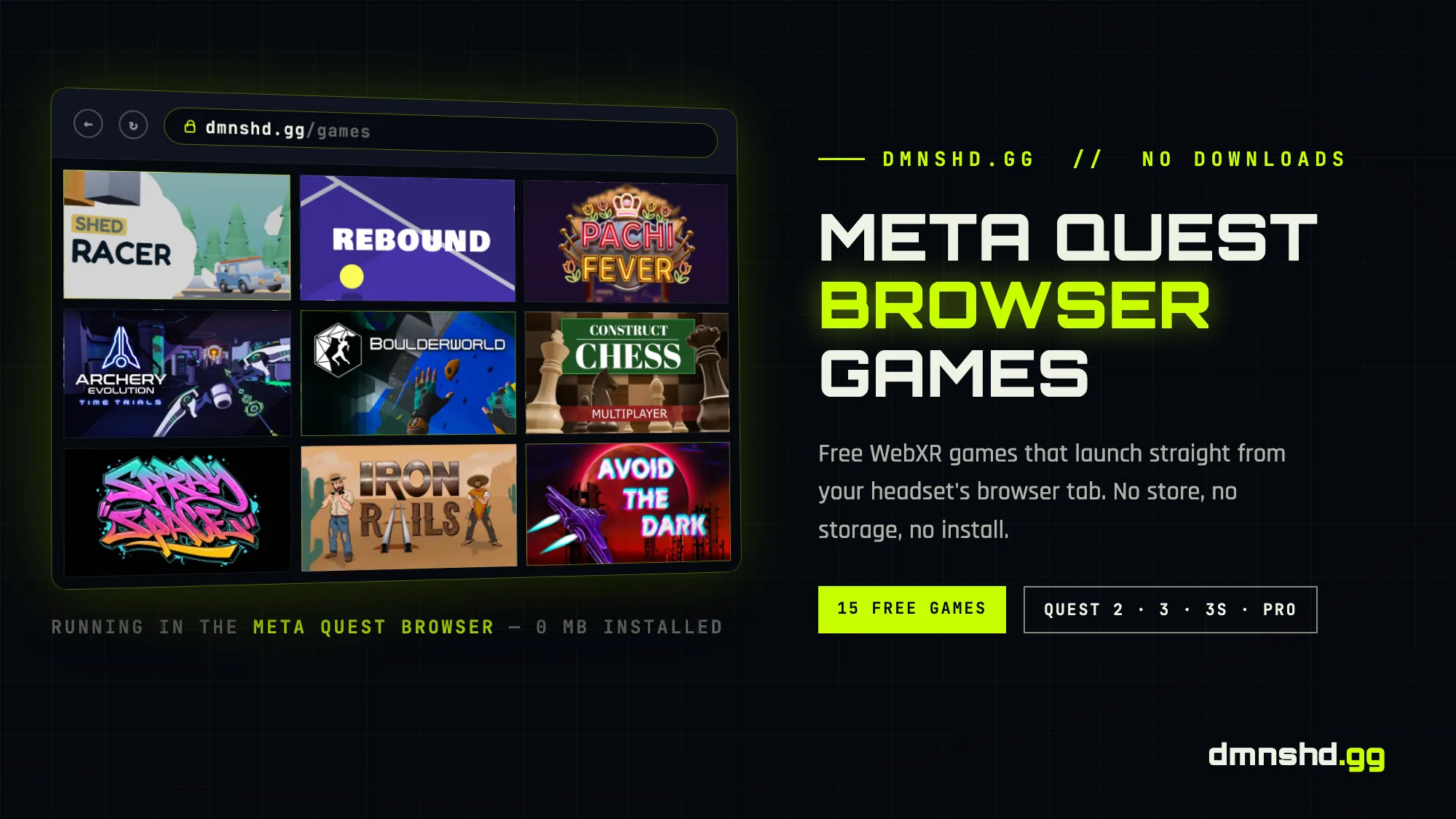 A Meta Quest browser window showing a grid of free game thumbnails at dmnshd.gg/games, next to the title "Meta Quest Browser Games"