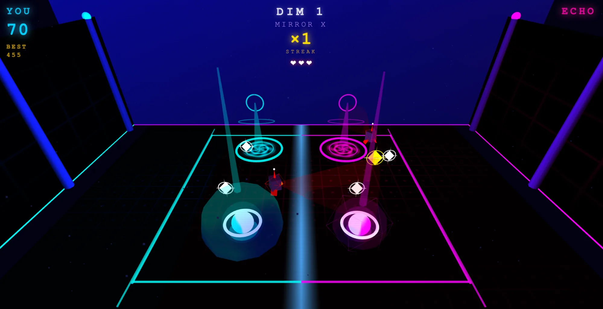 Duality: a neon arcade game with two parallel cyan and magenta playfields where the player controls both entities at once