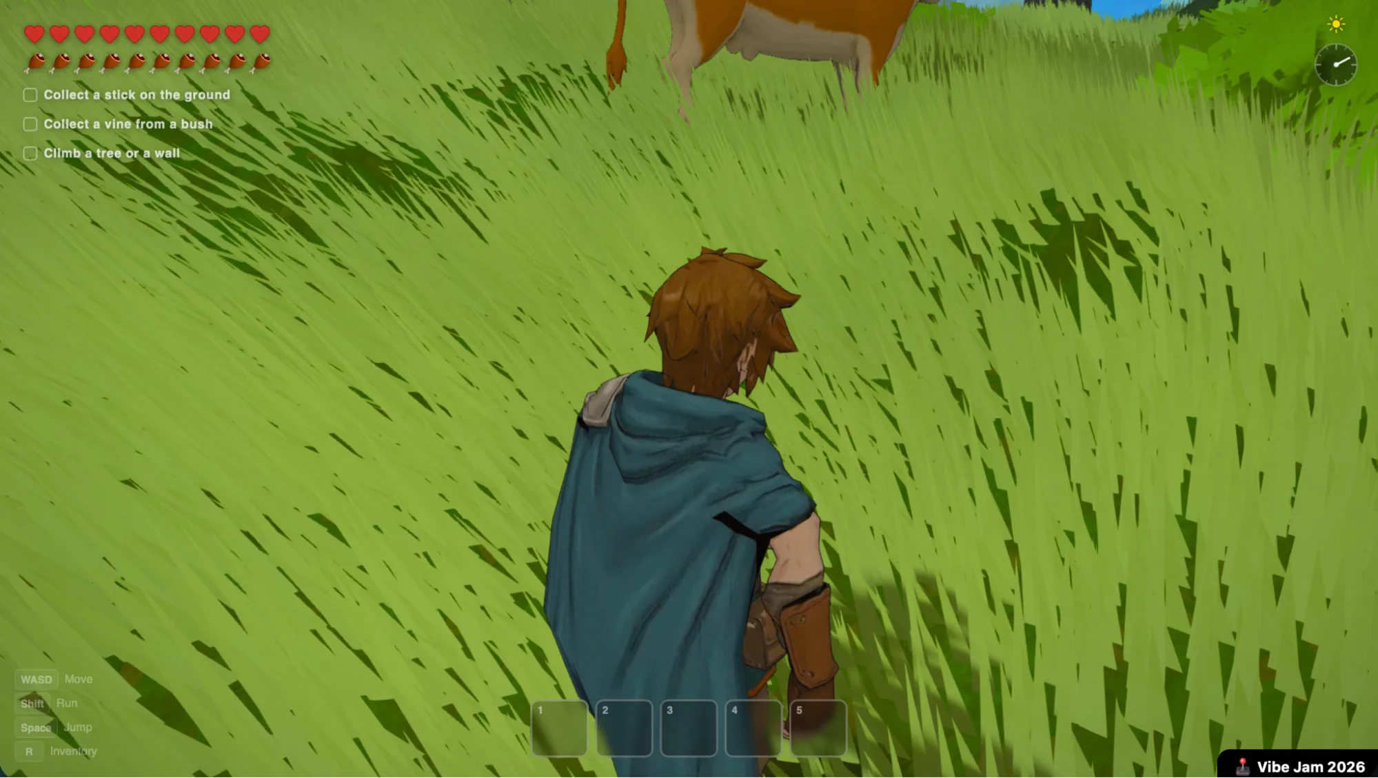 Hollowlands: a third-person survival game with a cape-wearing character walking through tall grass