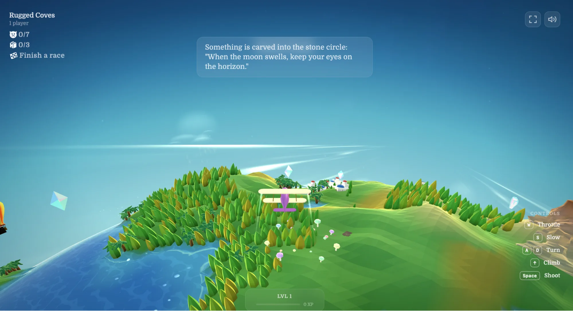 Tiny Skies: a cozy aerial game with a small biplane flying over rolling green islands and floating tutorial text
