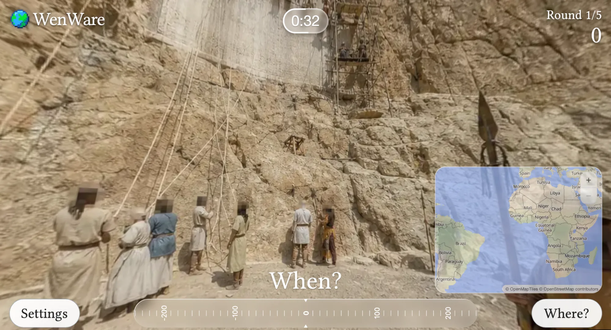 Wenware: a When and Where guessing game showing a historical photograph with a When? prompt and a world map for guessing